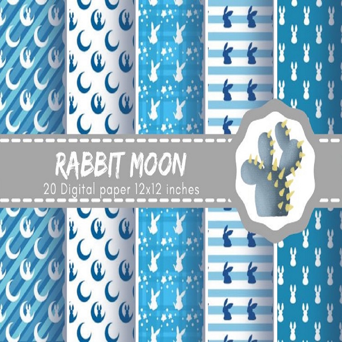 59 20 rabbit moon and stars design digital paper blue theme 596