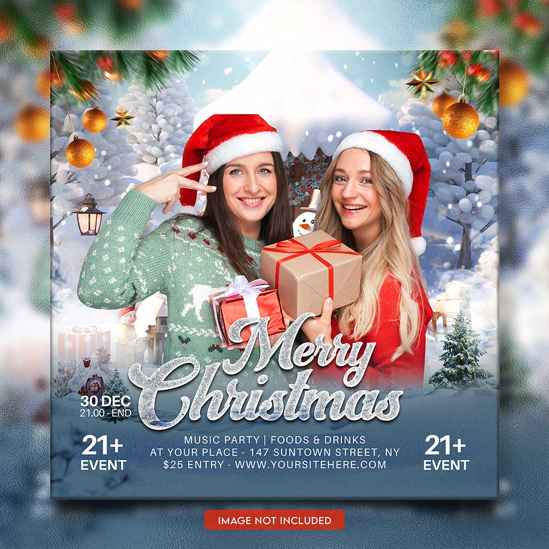 Merry christmas and happy new year night party social media post and Instagram template in Adobe Photoshop preview image.