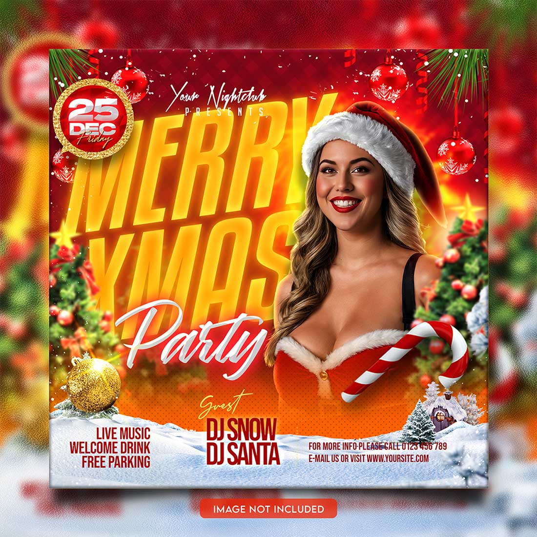 Merry christmas and happy new year night party social media post and Instagram template in Adobe Photoshop preview image.