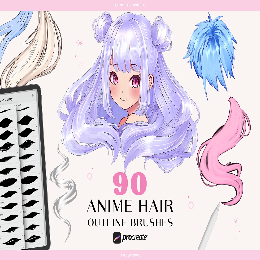 6 anime hair procreate brushes. outline brushes 896