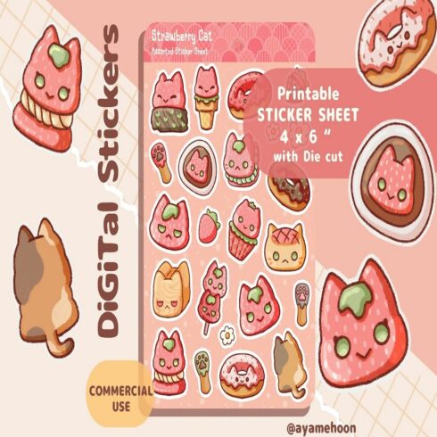 Strawberry cat Sticker Sheet Printable Digital stickers cover image.