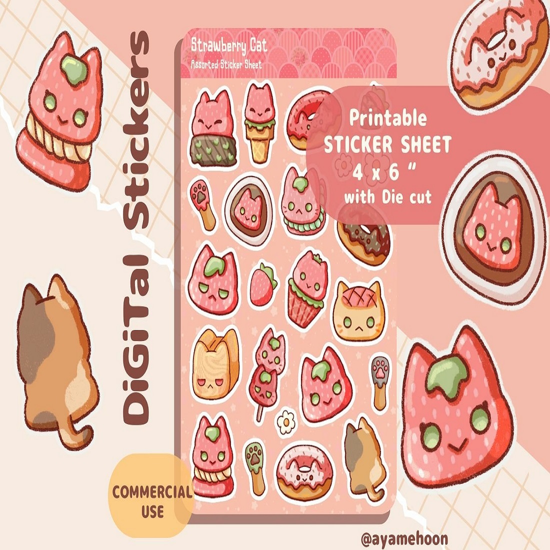 Strawberry cat Sticker Sheet Printable Digital stickers preview image.