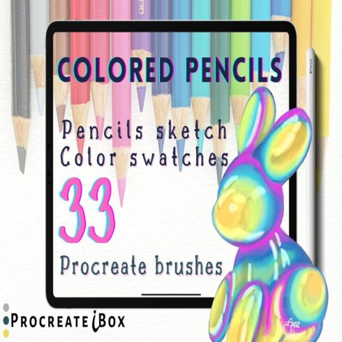 33 Colored pencil Procreate brushes with color swatches cover image.