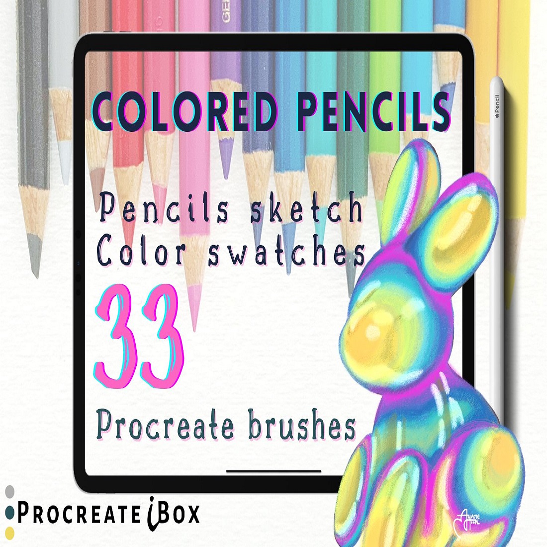 33 Colored pencil Procreate brushes with color swatches cover image.