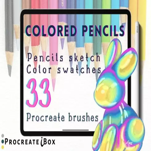 Colored pencil Procreate brushes with color swatches cover image.