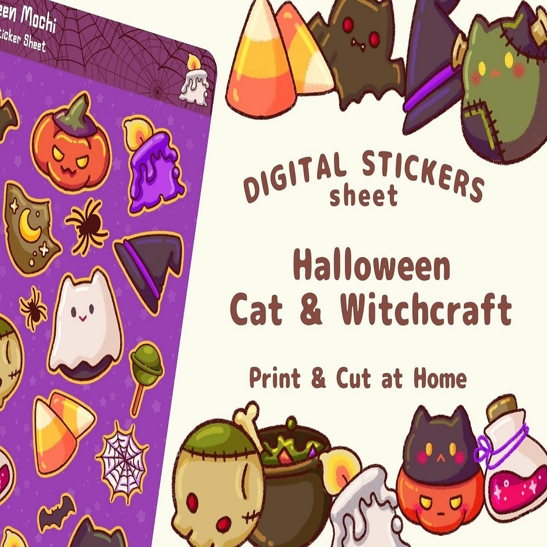 Halloween Sticker Sheet Cat & Witchcraft Digital stickers preview image.