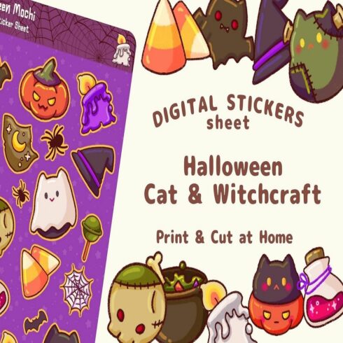 Halloween Sticker Sheet Cat & Witchcraft Digital stickers cover image.