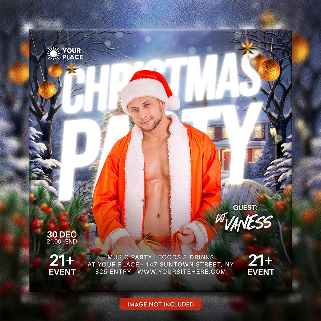 Merry christmas and happy new year night party social media post and Instagram template in Adobe Photoshop preview image.