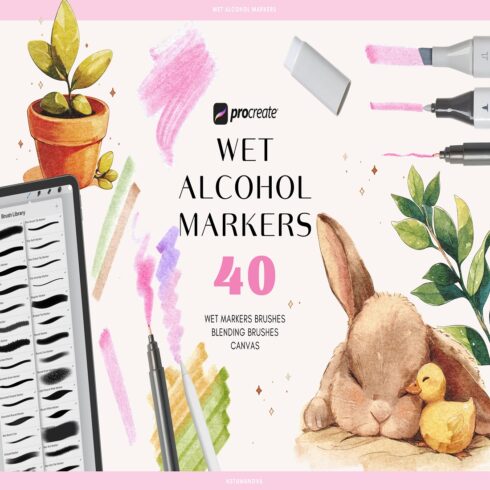 Realistic wet alcohol markers procreate brushes cover image.