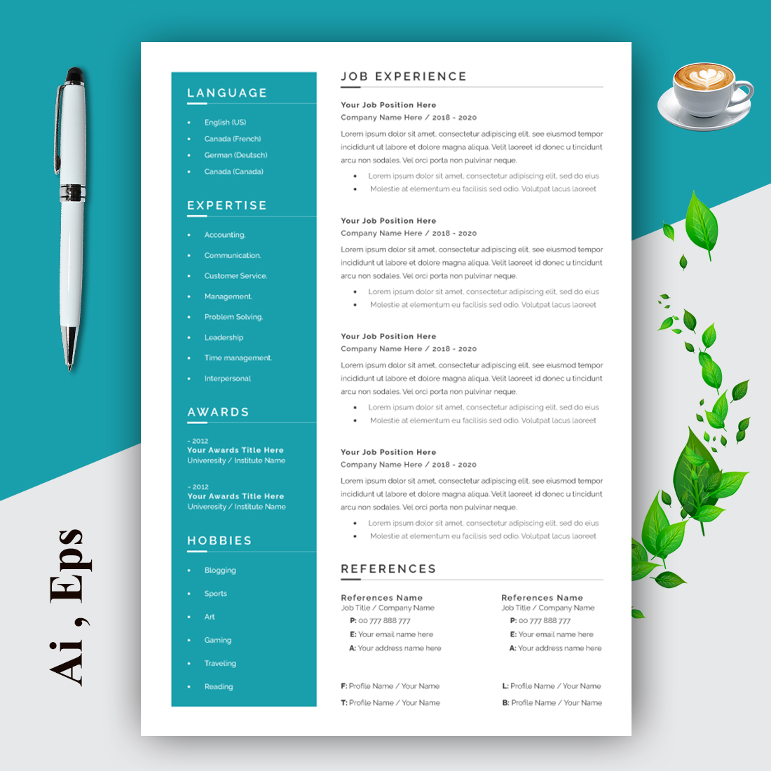 Resume Layout with Sky Blue Broder preview image.