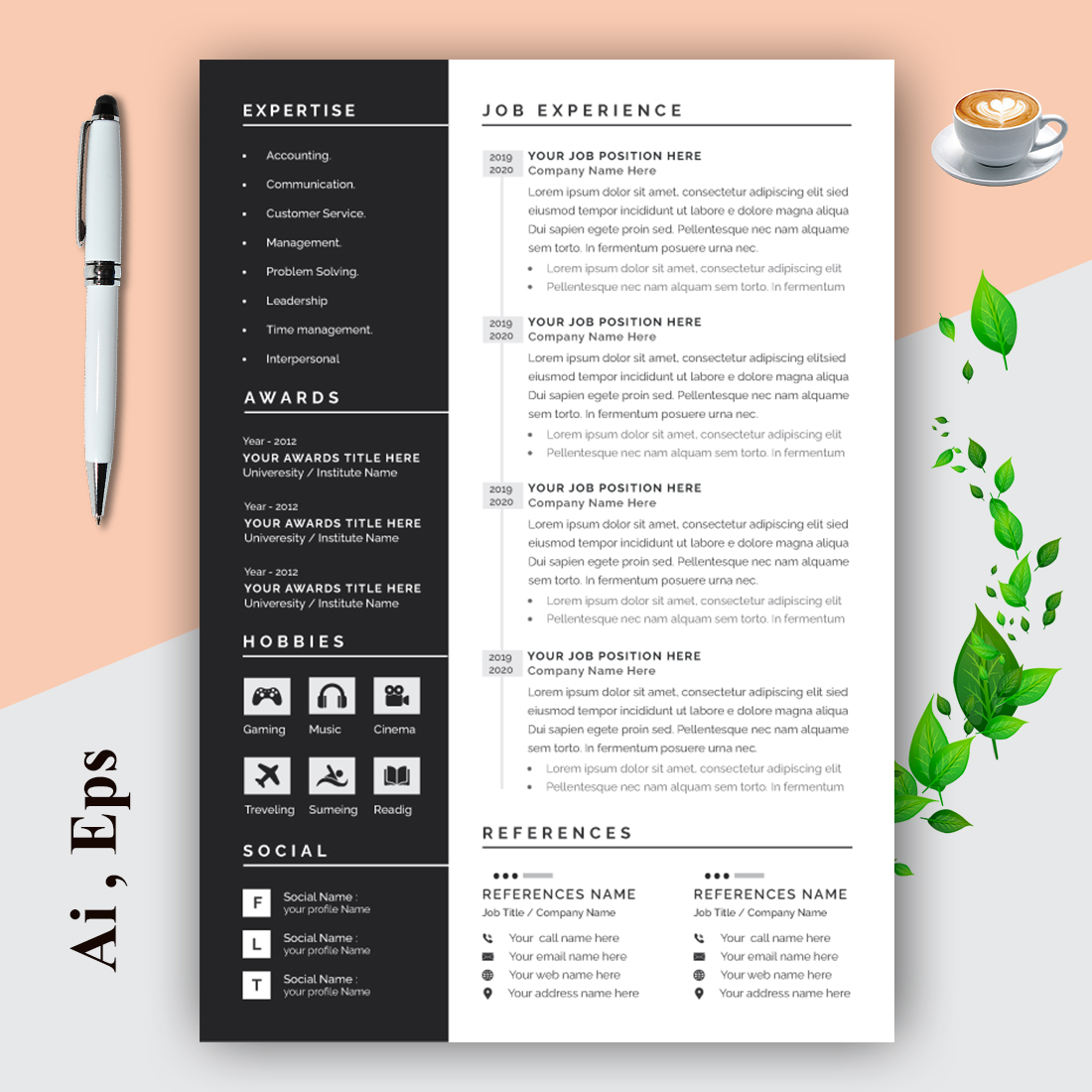Resume Layout with Black Accents preview image.
