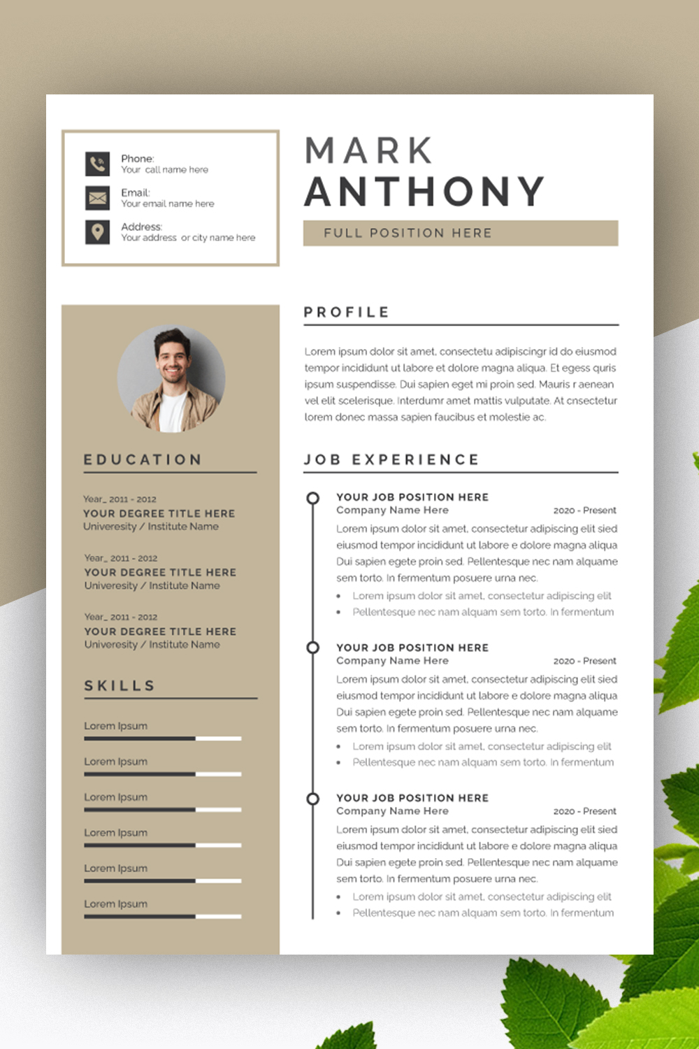 Creative Resume Layout with Placeholder pinterest preview image.
