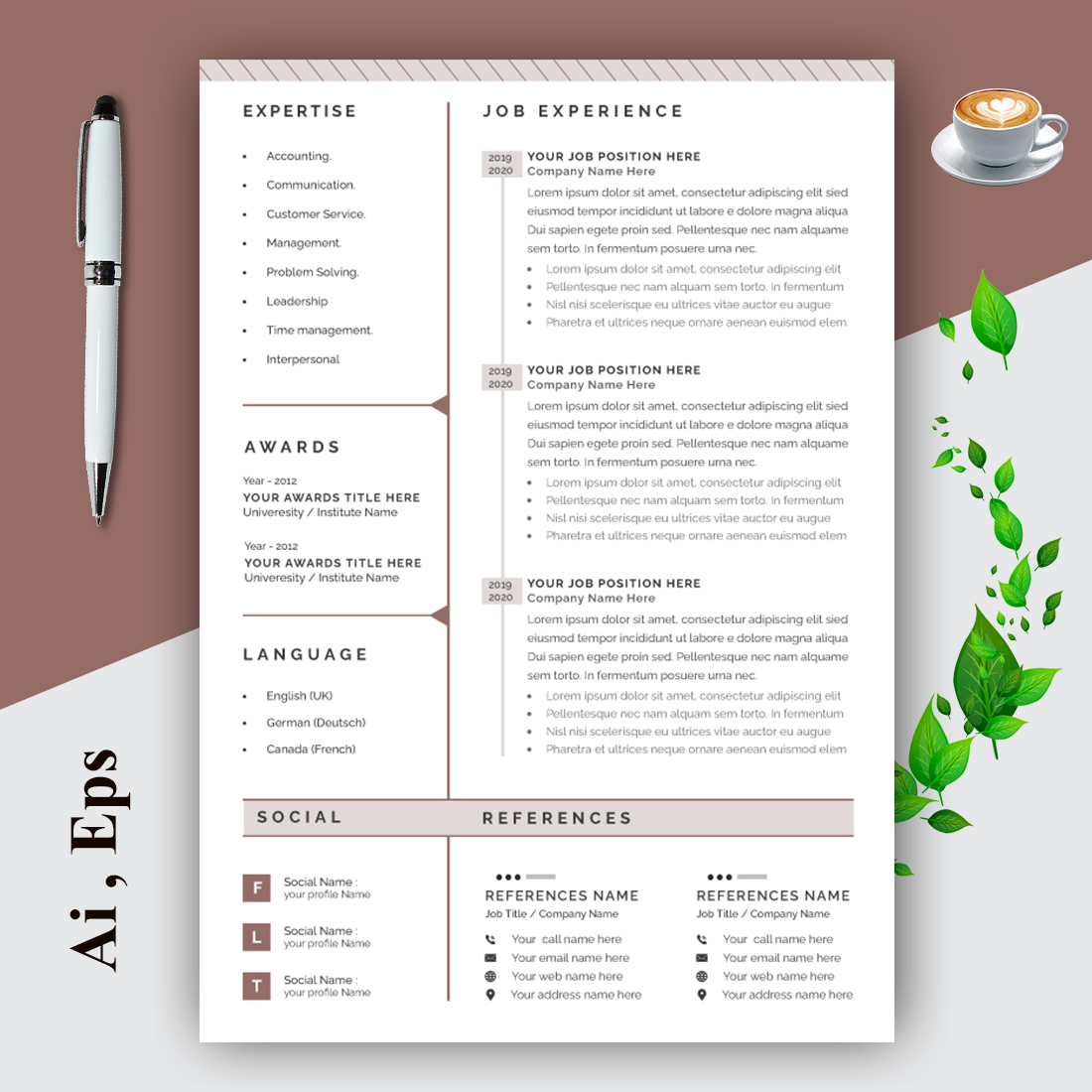 Resume Layout with Gold Accents preview image.