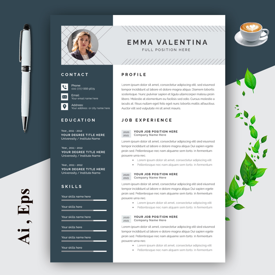 Resume and Cover Letter Layout with Blue Sidebar cover image.