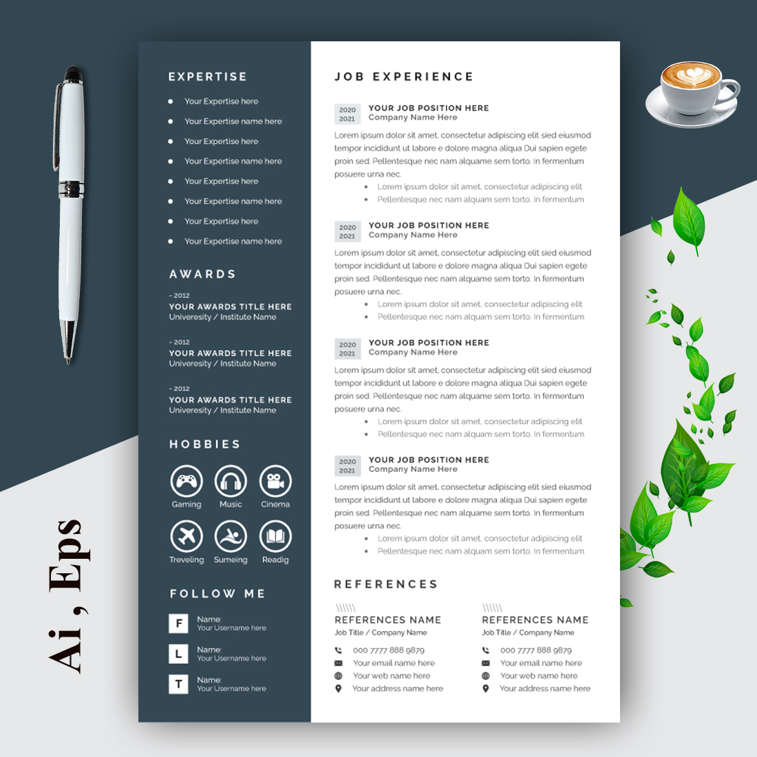 Resume and Cover Letter Layout with Blue Sidebar preview image.