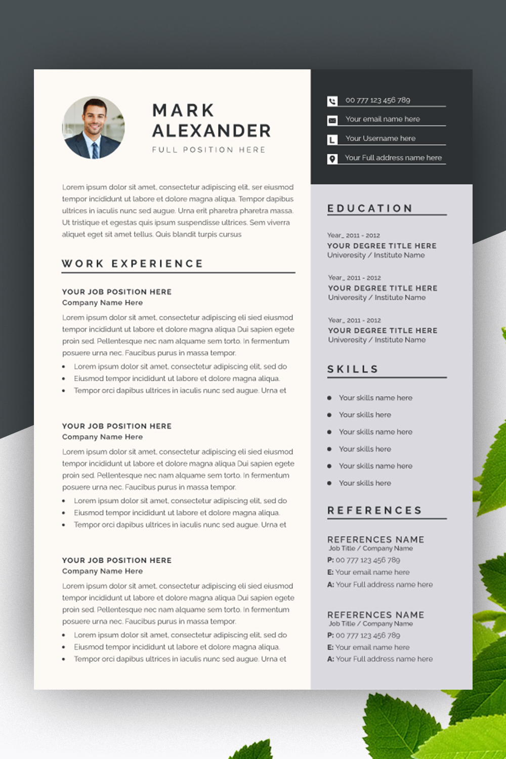 Creative Resume Layout Set with Dark Gray Sidebar pinterest preview image.