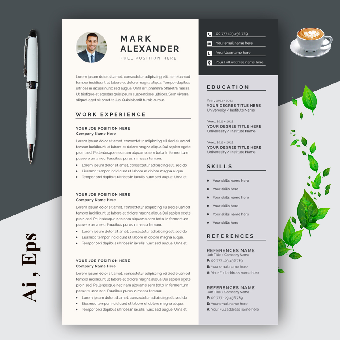 Creative Resume Layout Set with Dark Gray Sidebar cover image.