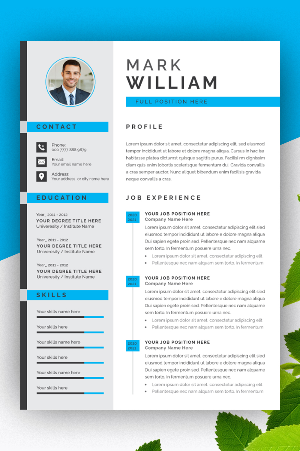 Resume Layout with Thin Blue Element pinterest preview image.