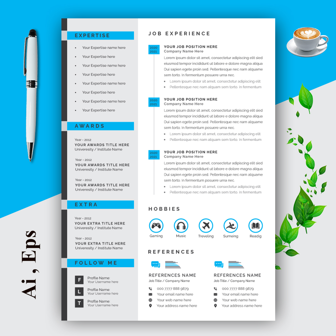 Resume Layout with Thin Blue Element preview image.