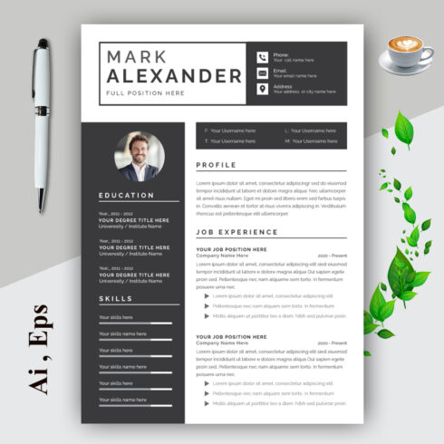 Resume Layout with Black Header and Sidebar cover image.