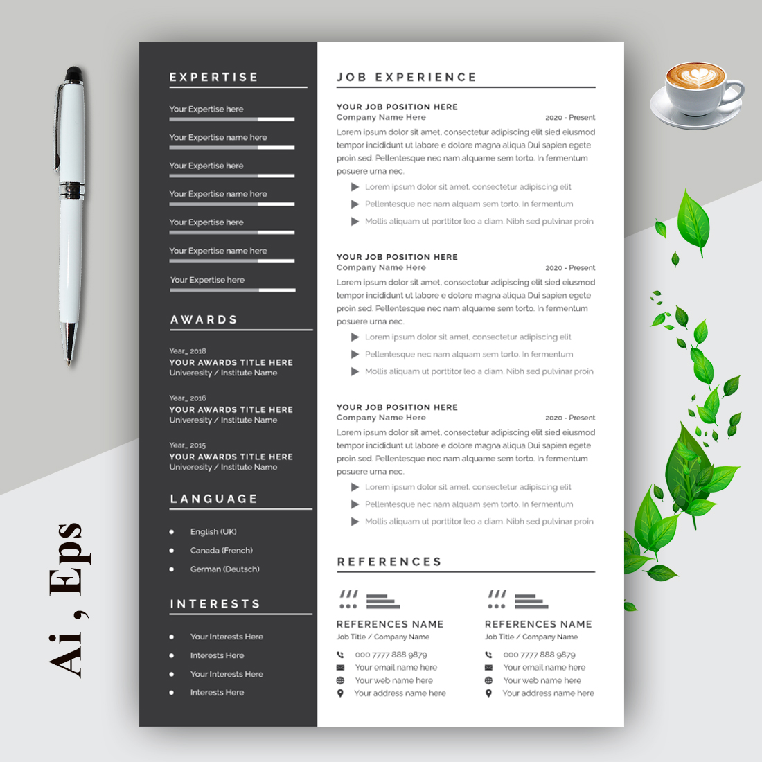 Resume Layout with Black Header and Sidebar preview image.