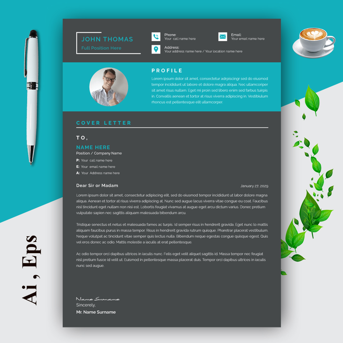 Resume Layout Set with Blue Header preview image.