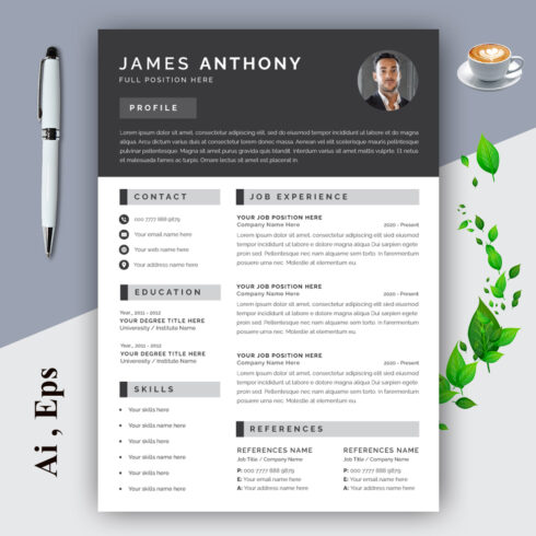 Resume Layout Dark Gray Header cover image.