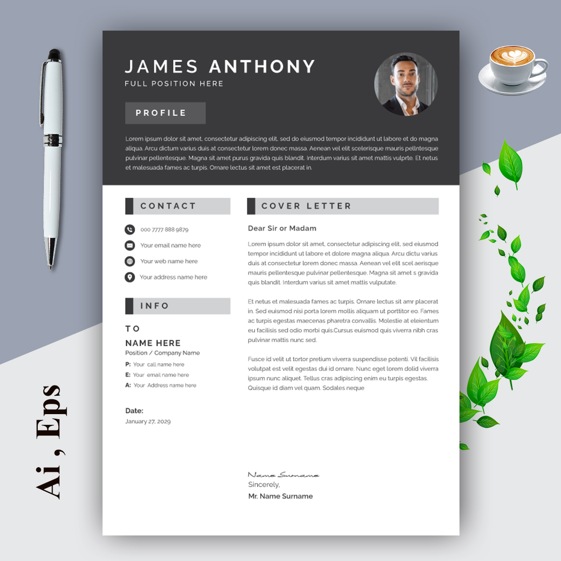 Resume Layout Dark Gray Header preview image.