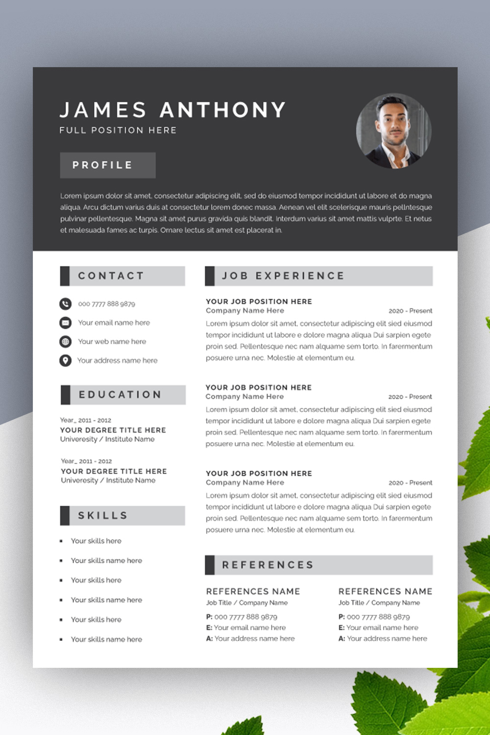 Resume Layout Dark Gray Header pinterest preview image.