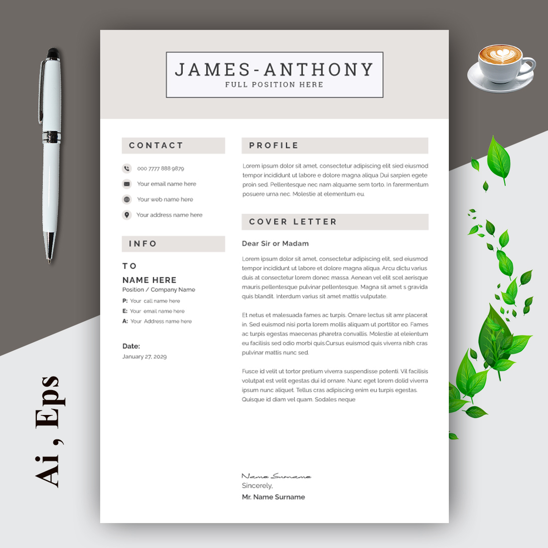 Resume Layout Set with Gold Elements preview image.