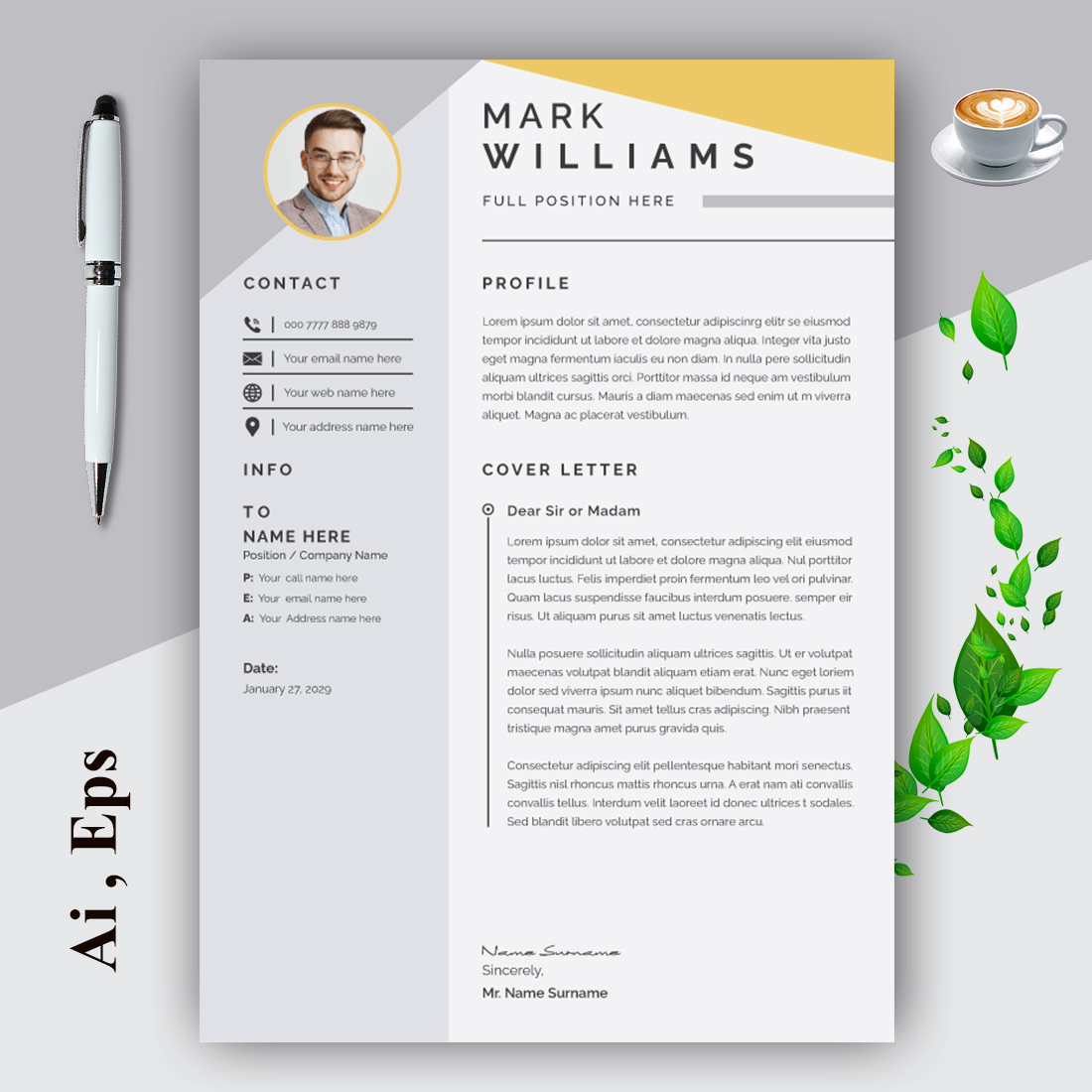 Professional Resume CV Template Layout preview image.