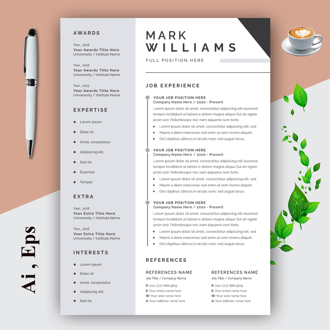 Resume Layout with Gold Accent preview image.