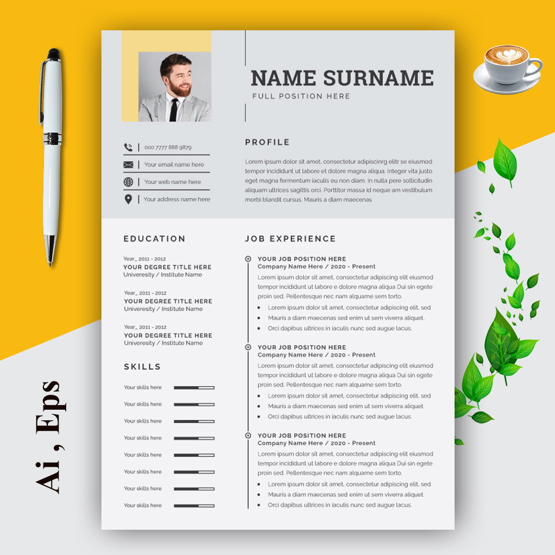 Resume and Cover Letter Layout with Gold Accents cover image.