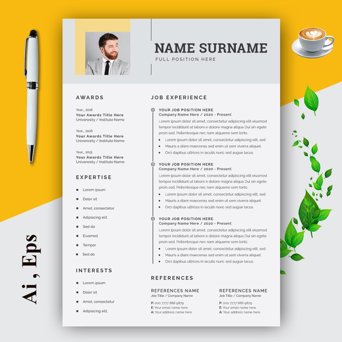 Resume and Cover Letter Layout with Gold Accents preview image.