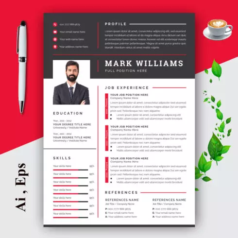 Resume and Cover Letter Layout with Black and Rad Accents cover image.