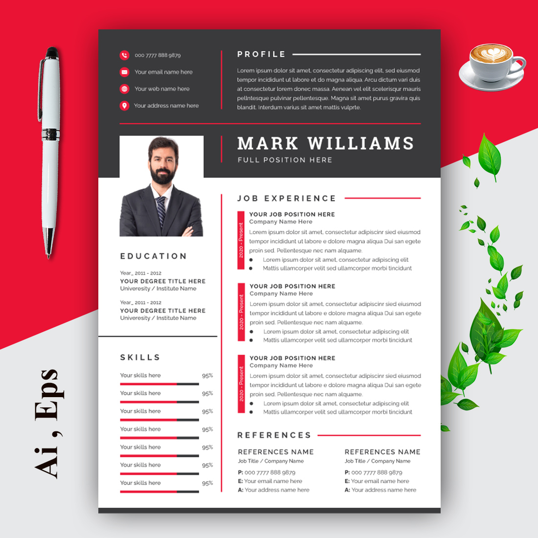 Resume and Cover Letter Layout with Black and Rad Accents cover image.