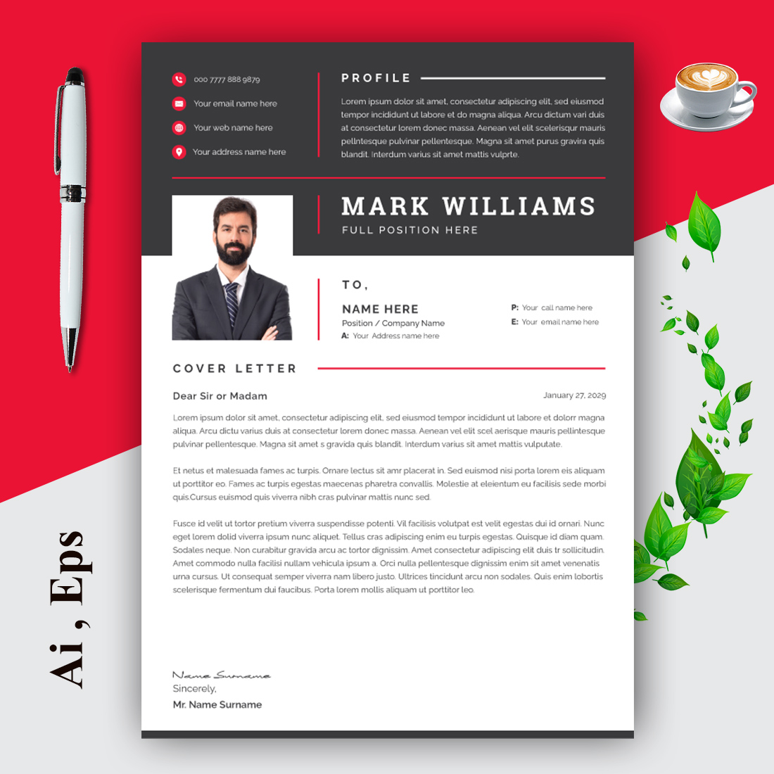 Resume and Cover Letter Layout with Black and Rad Accents preview image.