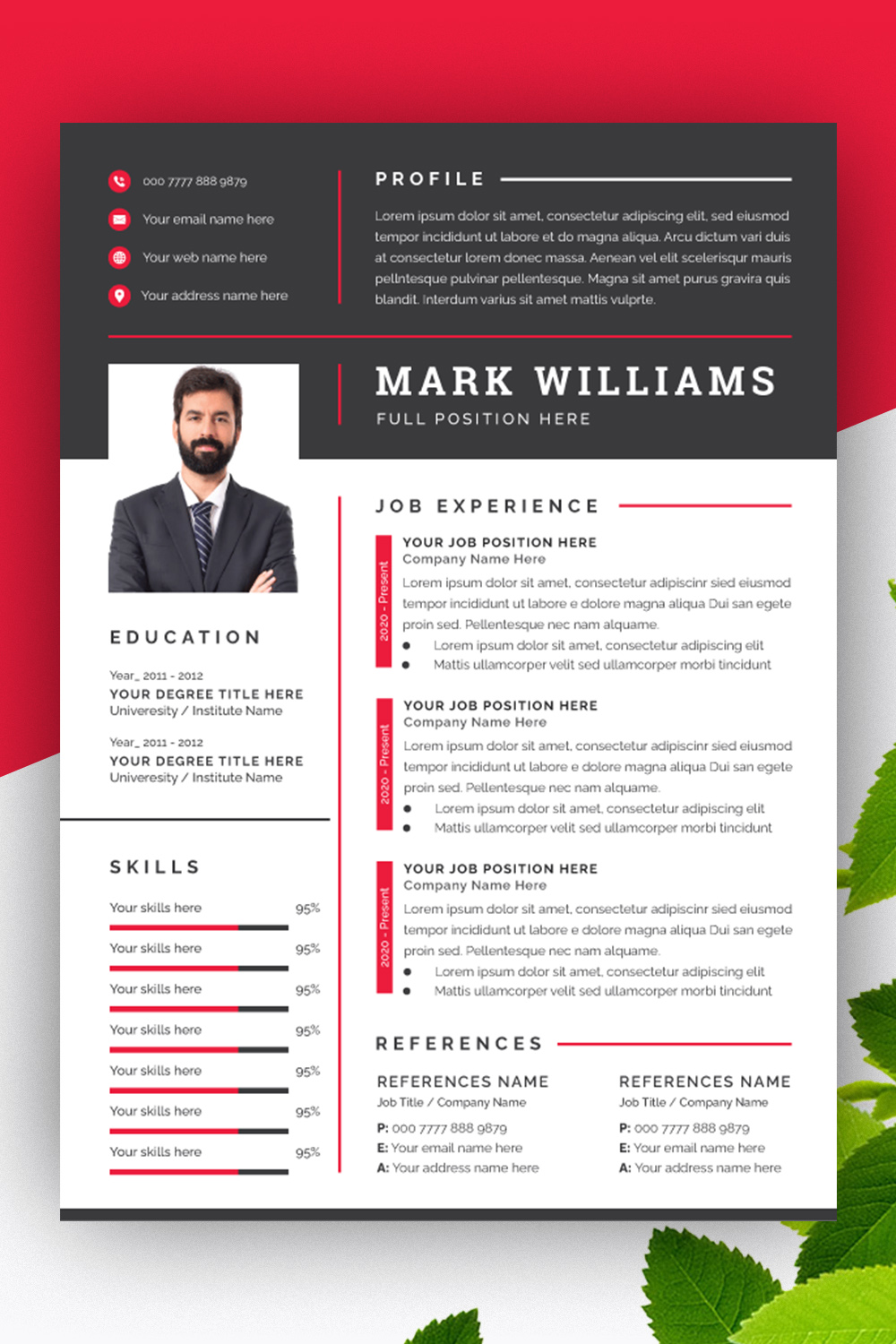 Resume and Cover Letter Layout with Black and Rad Accents pinterest preview image.