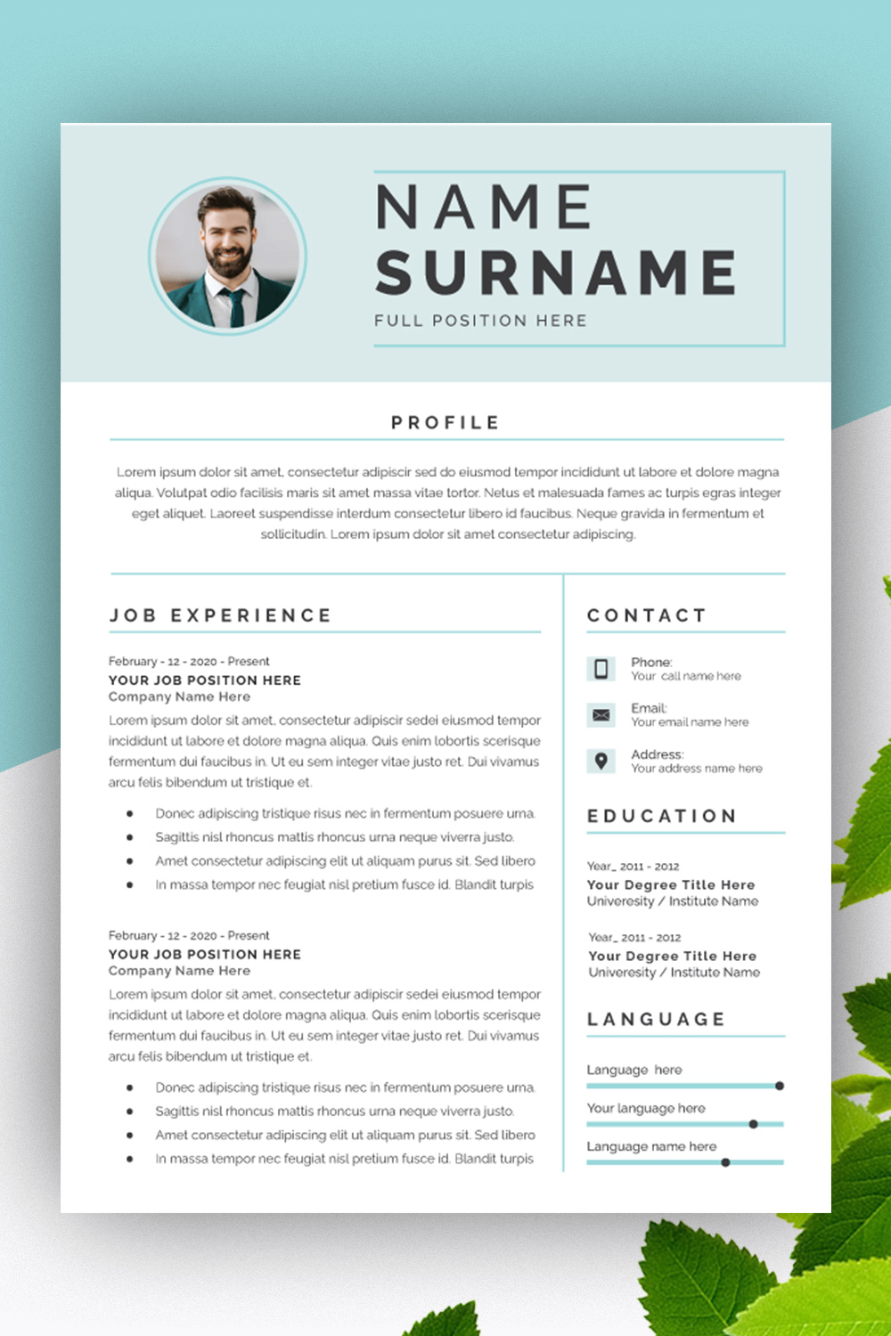 Professional Resume CV Template Layout pinterest preview image.
