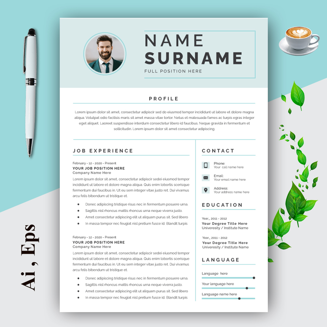 Professional Resume CV Template Layout cover image.