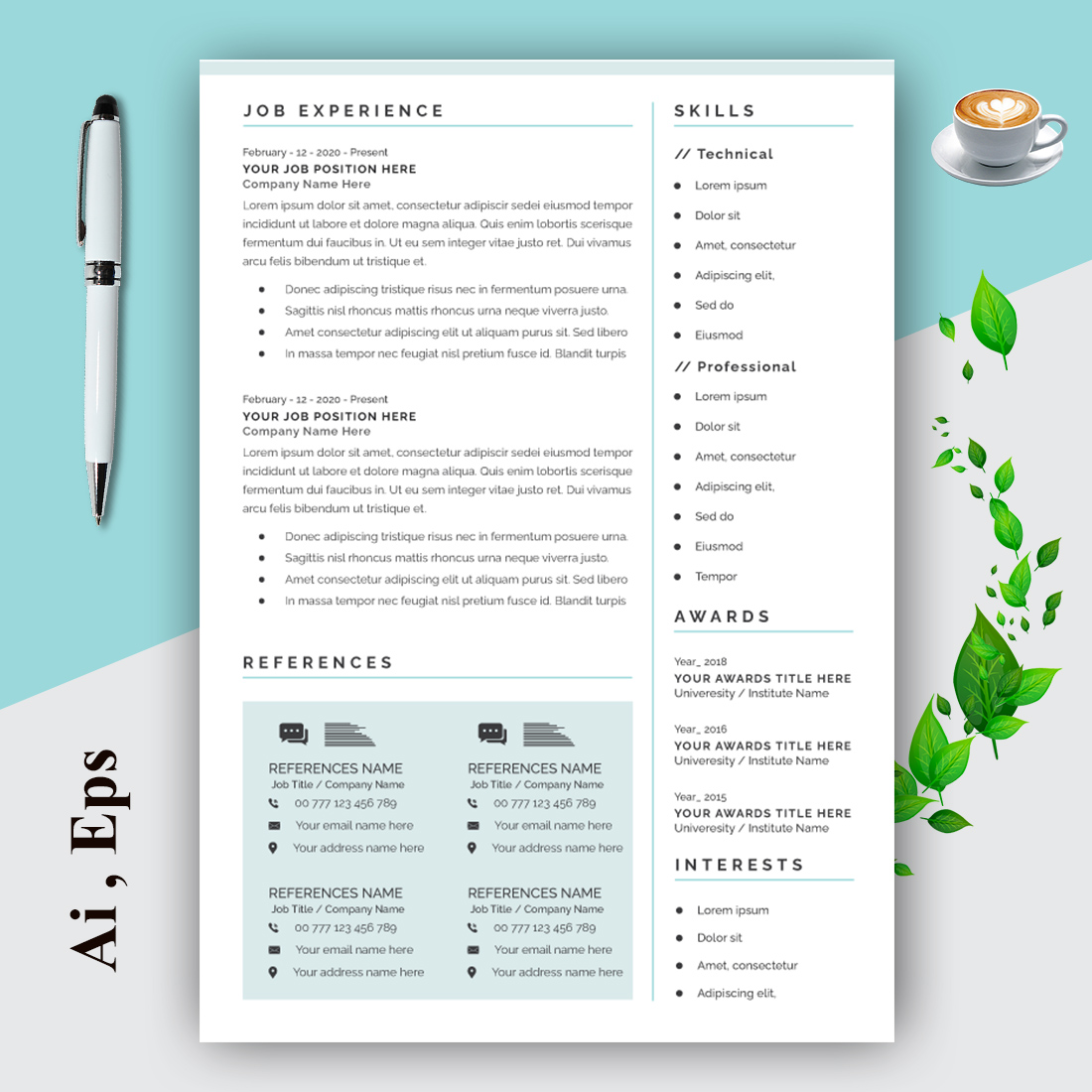Professional Resume CV Template Layout preview image.