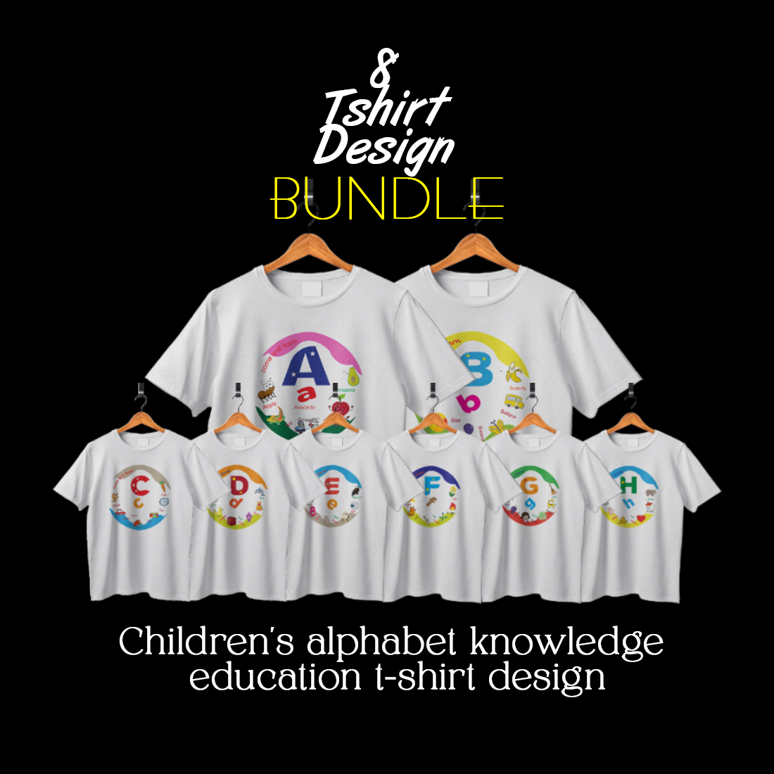 Children's alphabet knowledge education t-shirt design cover image.