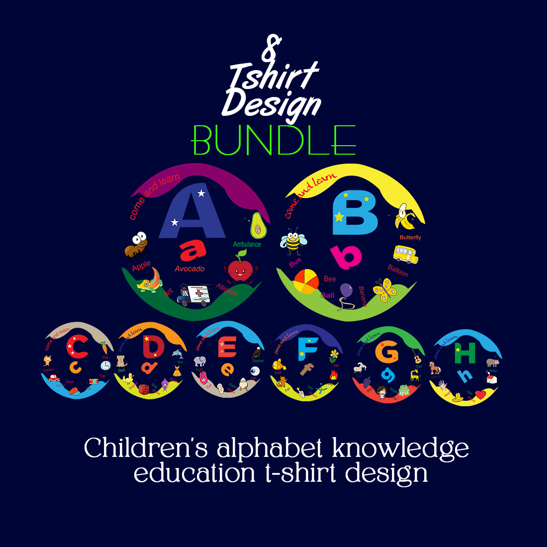 Children's alphabet knowledge education t-shirt design preview image.