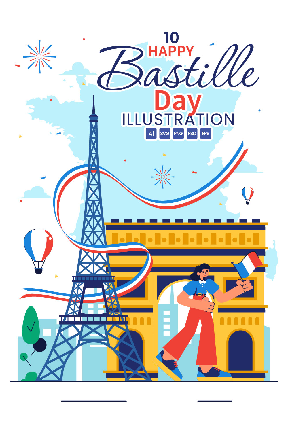 10 Happy Bastille Day Illustration pinterest preview image.
