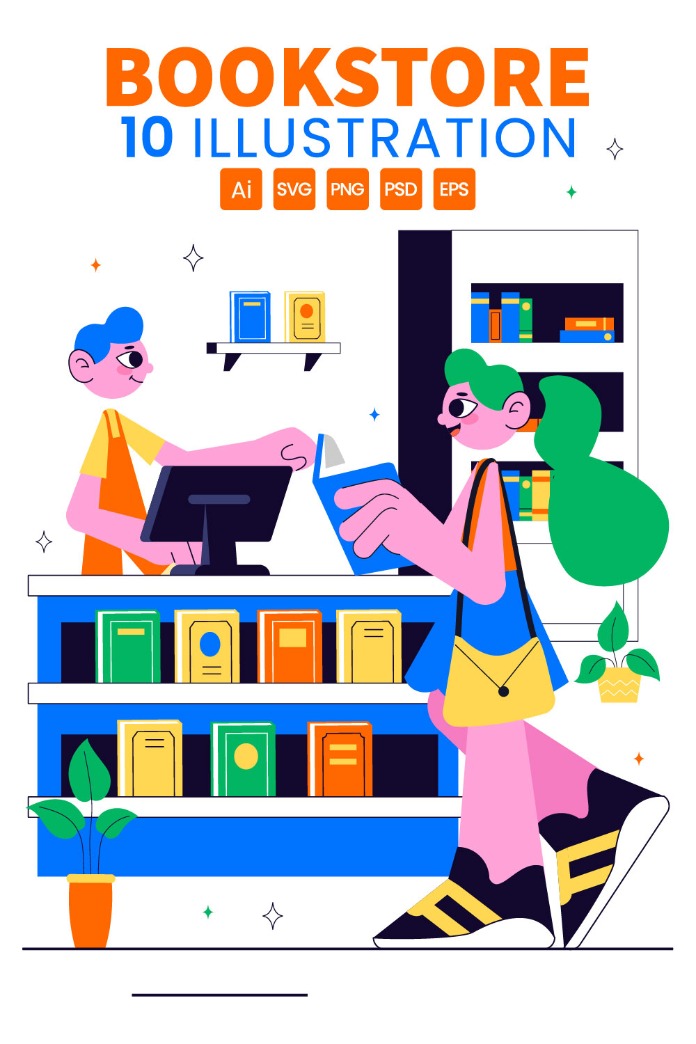 10 Bookstore and Library Illustration pinterest preview image.