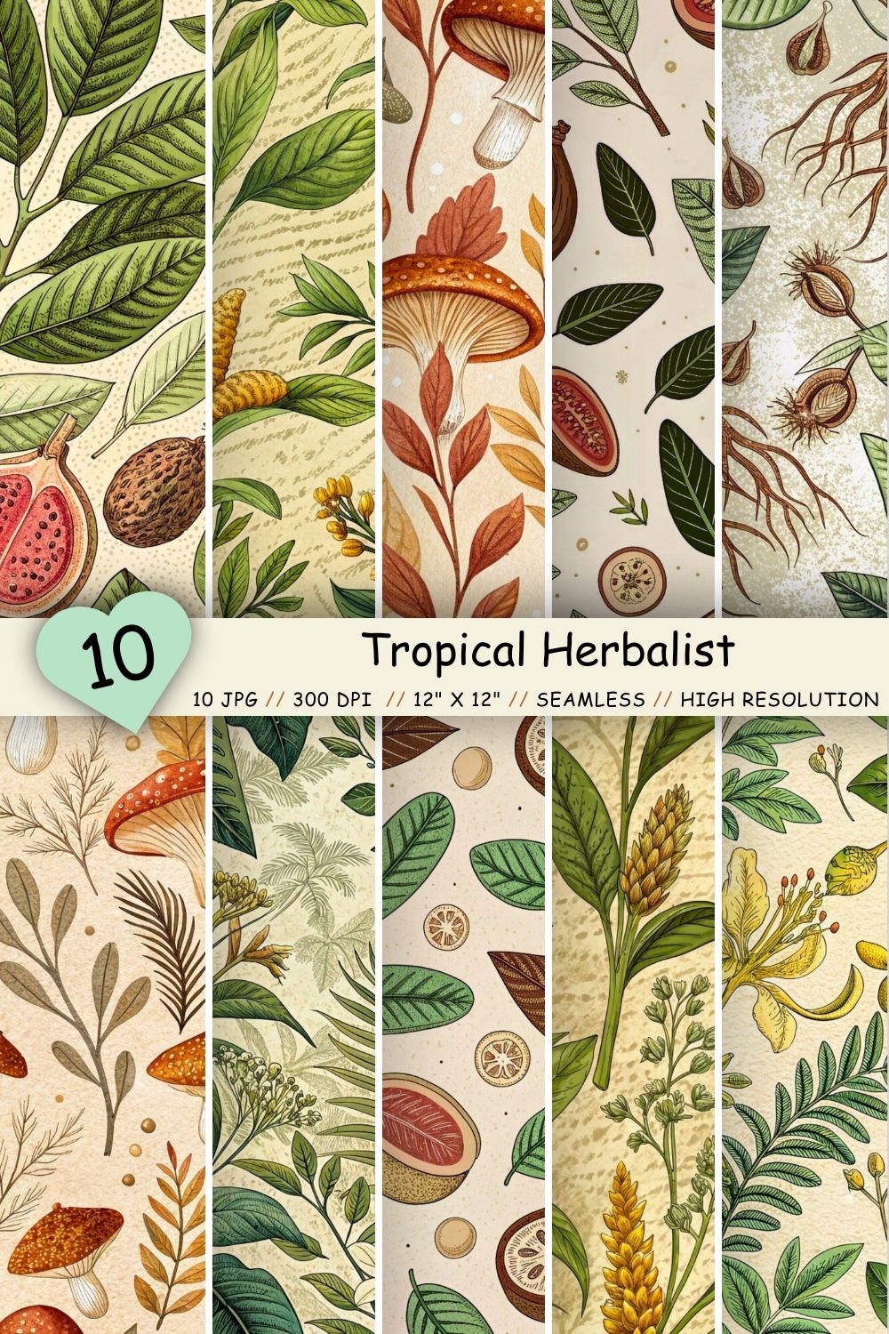 Tropical Herbalist Seamless Pattern – Medicinal Plants & Apothecary Labels pinterest preview image.