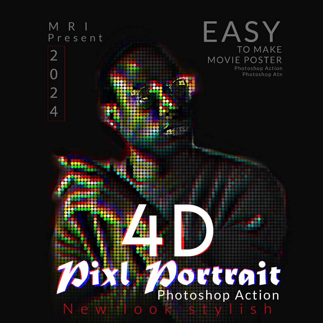 4D Pixel Portrait Photoshop Action cover image.