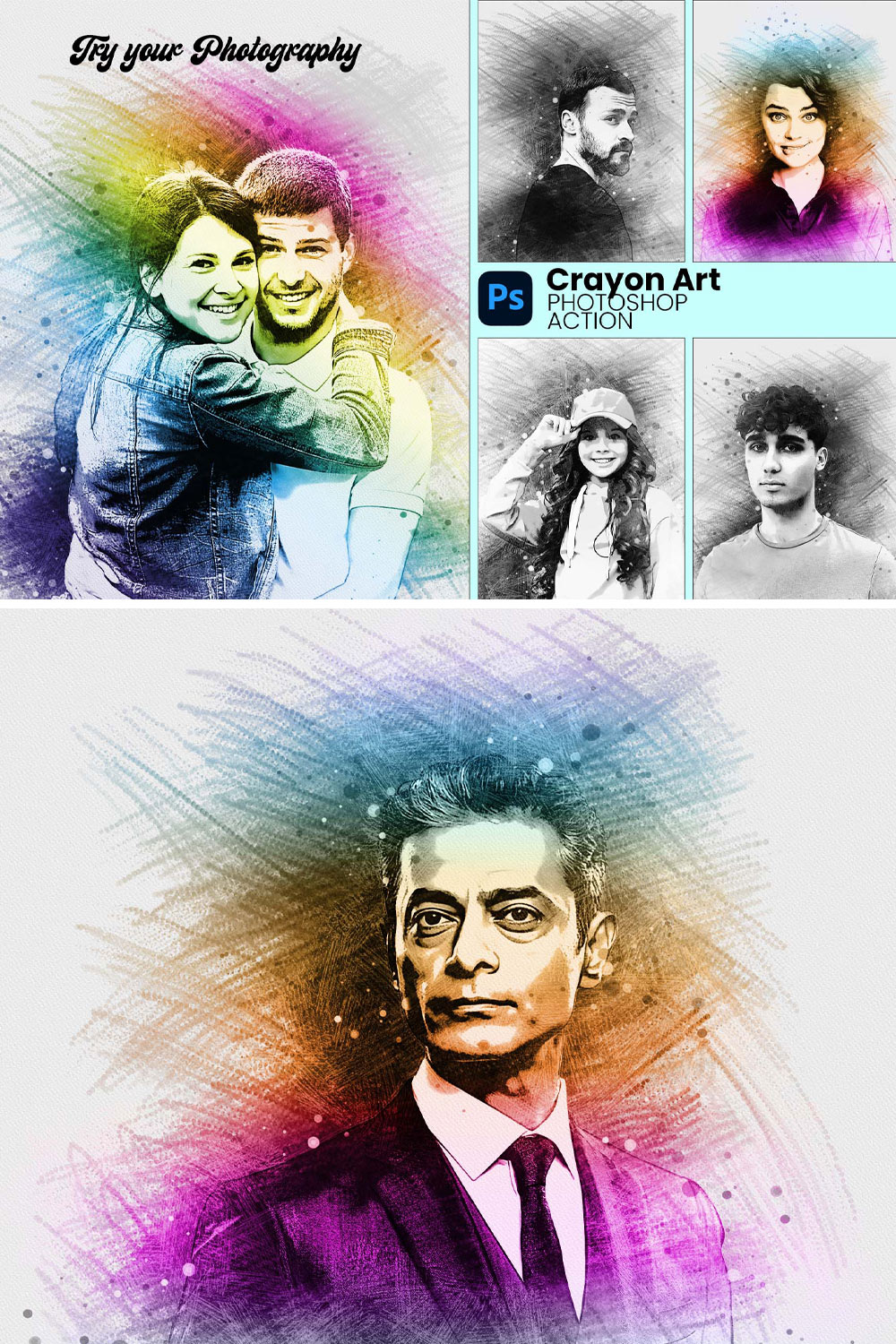 Crayon Art Photoshop Action pinterest preview image.