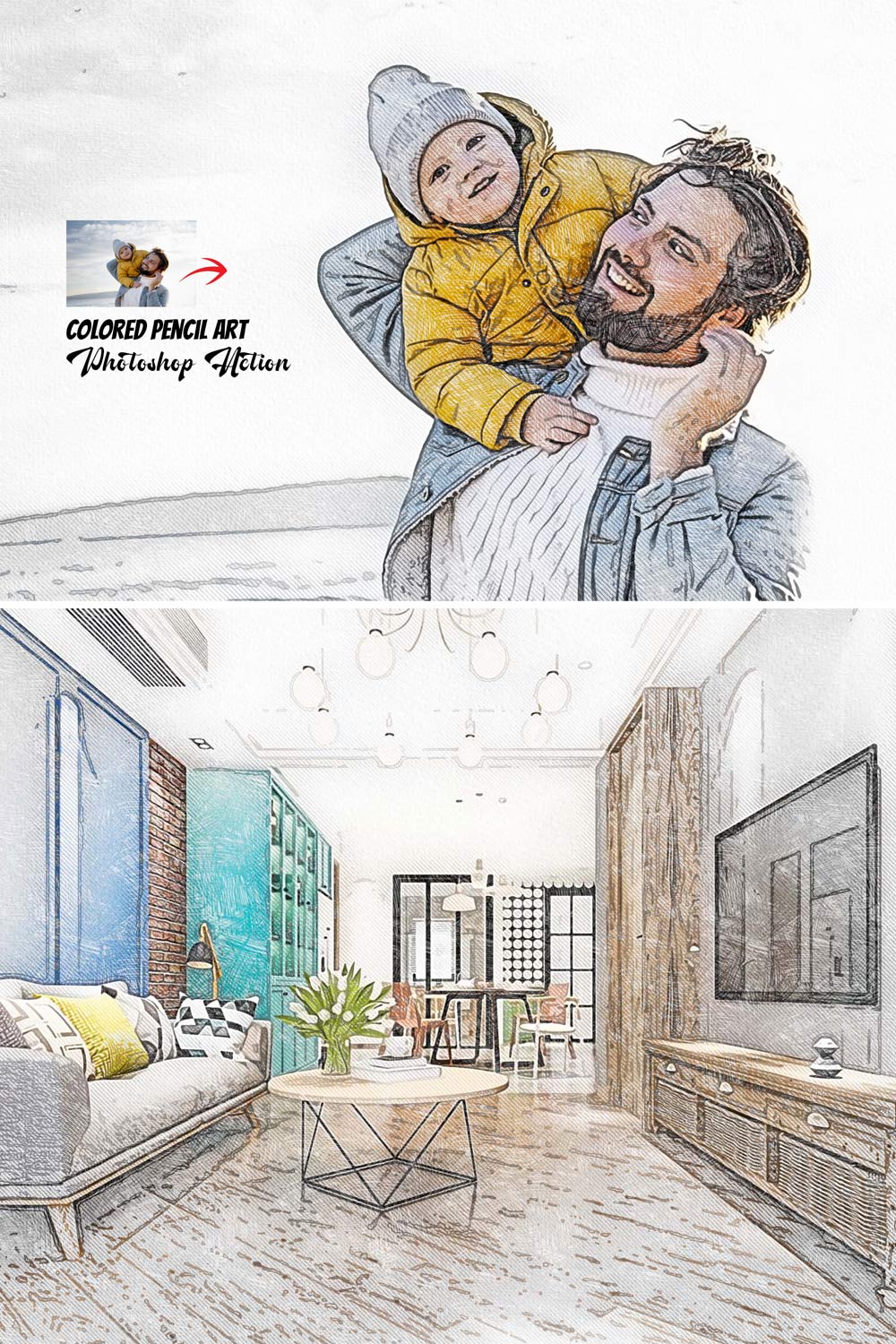 Colored Pencil Art Photoshop Action pinterest preview image.