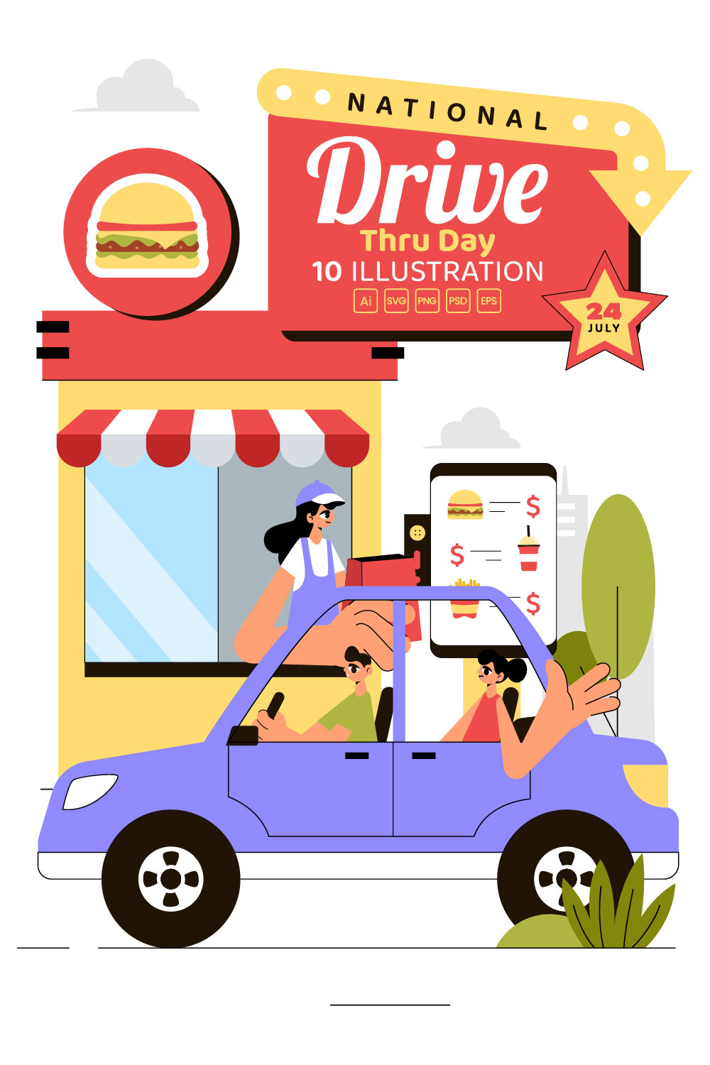 10 National Drive Thru Day Illustration pinterest preview image.